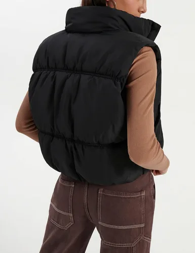 Vista 4 de EsheSy Chaleco acolchado recortado para mujer, cuello alto, cremallera completa, sin mangas, chaqueta acolchada cálida
