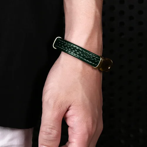 Vista 7 de Pulsera de cuero para hombre, pulsera de acero inoxidable, hebilla magnética para hombre