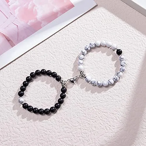 Vista 6 de FLYEMMET 2Pcs Attract Magnetic Couple Bracelets for Women Men, Distance Matching Relationship 8mm Beads Couples Friendship Bracelet Jewelry Set for