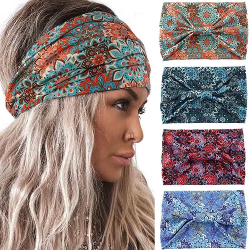 Vista 13 de Acenail Diademas anchas para mujer, turbante bohemio, diadema anudada, floral, elástica, antideslizante, para entrenamiento, yoga, bufandas