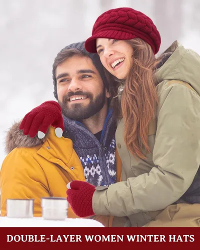 Vista 5 de SATINIOR Juego de 4 gorros y guantes de invierno para mujer, gorro de punto cálido, gorro de esquí de nieve con visera y guante para pantalla rojo