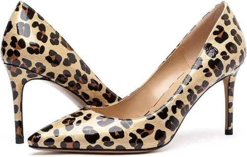Vista 6 de Castamere Zapatos de tacón alto básicos para mujer, sin cordones, puntiagudos, tacón de aguja de 3.3 in charol leopardo beige