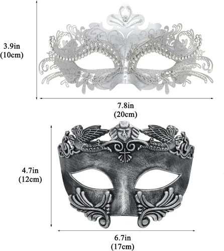 Vista 9 de Máscara de metal para parejas, máscara de hombre griego romano, máscara veneciana de Halloween, máscara de bola de Mardi Gras, máscara de fiesta