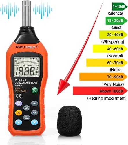 Vista 8 de Protmex PT6708 Medidor de nivel de sonido, lector digital de decibelios, rango 30-130 dB, medidor de ruido con precisión de 1.5dB y pantalla LCD