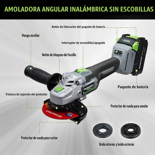 Vista 7 de WORKPRO Amoladora angular inalámbrica, amoladora sin escobillas de 20 V con batería de 4.0 Ah y cargador rápido, discos de 4-1/2 pulgadas, motor sin