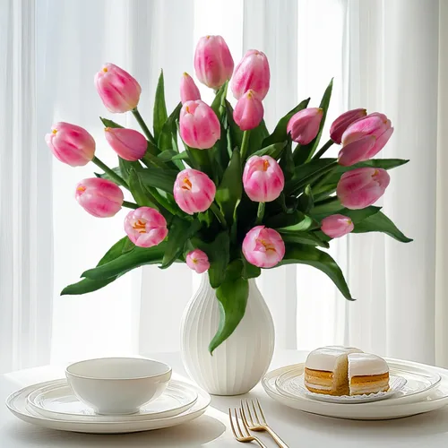 Vista 17 de Bailikang 20 piezas de tulipanes artificiales, flores de seda de tulipanes falsos, ramo artificial de PU, flores artificiales de imitación con caja