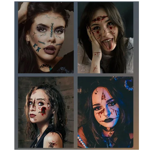 Vista 7 de Tatuajes temporales de Halloween, Día de los Muertos, calcomanías de tatuaje de ojos sangrientos, 10 hojas de tatuajes falsos para decoración