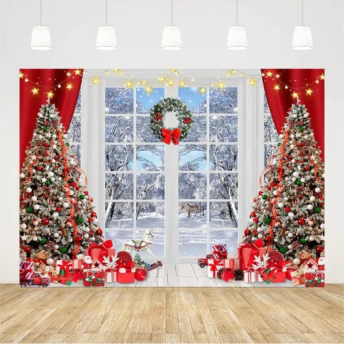 Vista 2 de AIBIIN Telón de fondo de Navidad de invierno de 7 x 5 pies, para fotografía, árbol de Navidad, regalo de Feliz Navidad, pancarta del país