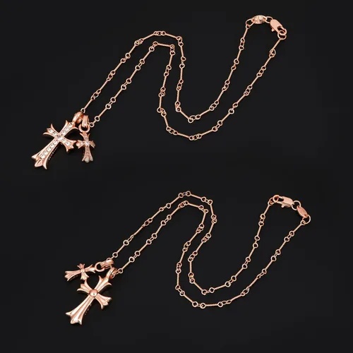 Vista 3 de Collar de cruz chapado en oro de 14 quilatesplata de ley con colgante de doble cruz CZ, collares de cruz de circonita cúbica para mujeres, hombres