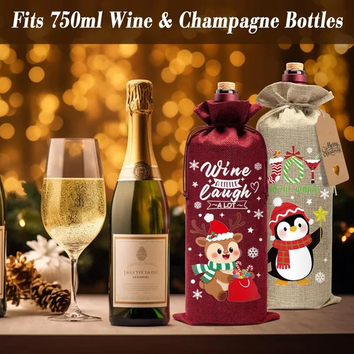 Vista 3 de Aoonby 12 piezas de bolsas de vino de arpillera, bolsas de regalo de vino de Navidad para botellas, regalos, bolsa de botella de Navidad con cordón