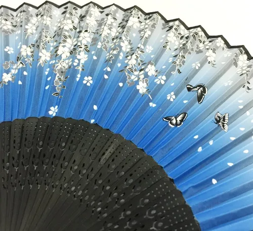 Vista 2 de Wrapables® Ventilador plegable de mano de seda con borla y funda protectora, flores de cerezo azul