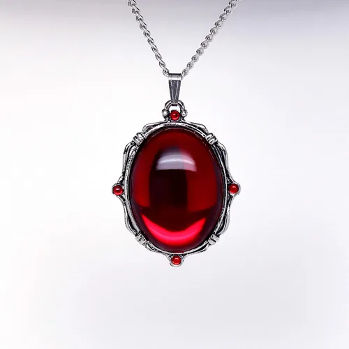 Vista 5 de Piedra ovalada roja sangre en plata acabado estaño marco colgante collar, Metal