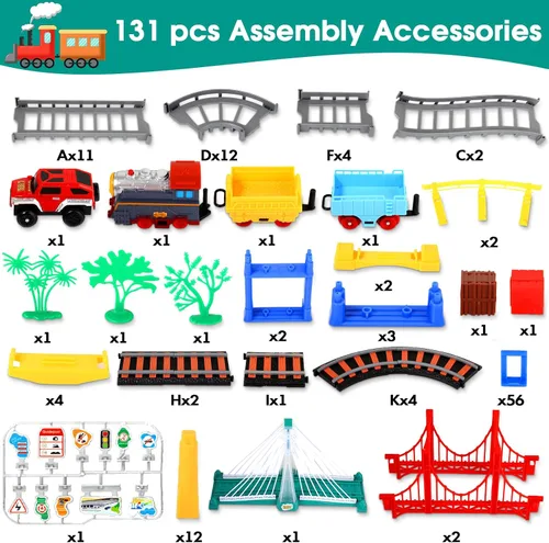 Vista 3 de Juego de Pistas de Tren Eléctrico DIY 2 en 1 para Niños de 4-8 Años, Juego de Pistas de Tren y Autos, Puente con Luces y Tren con Sonido, Accesorios