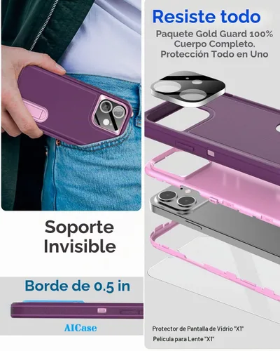 Vista 5 de AICase Funda para iPhone 11 con soporte integrado con protector de pantalla de vidrio + lente de cámara, resistente protección contra caídas, cuerpo