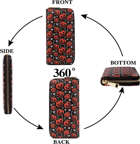 Vista 5 de Nabegum Billetera con estampado de vaca, regalos de vaca para mujer, monedero delgado para tarjetas de crédito, estampado de calabaza, Cartera larga