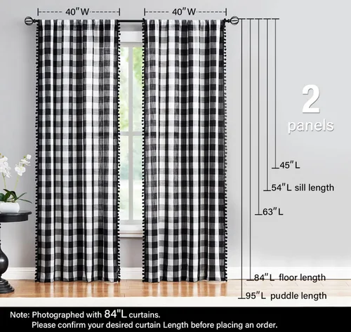Vista 6 de Cortinas de cuadros blancos y negros con pompones, 45 pulgadas, semitransparentes a cuadros Blanco y negro