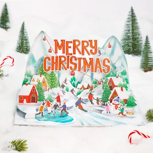 Vista 4 de POPWOW Tarjeta desplegable de vacaciones de montaña, Feliz Navidad, nieve, esquí, tarjetas de felicitación 3D, regalos para mujeres, hombres, niños