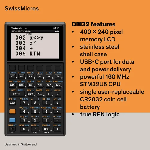 Vista 7 de SwissMicros Calculadora RPN DM32: software HP 32SII, carcasa de acero inoxidable 316L, solucionador de ecuaciones integrado y USB-C