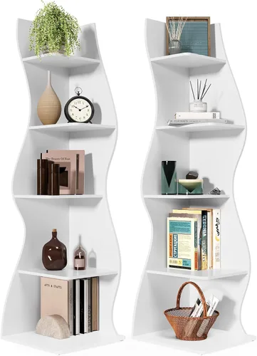 Vista 16 de LITTLE TREE Estantería de esquina pequeña, estantería moderna de esquina de pared de 5 niveles para libros, elegante librero estante