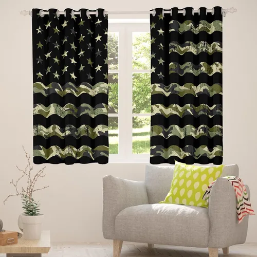 Vista 7 de Cortinas opacas de camuflaje con bandera estadounidense, regalo para niños, cortina de ventana de camuflaje verde con rayas negras, estrellas