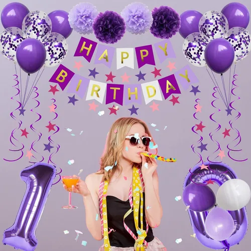Vista 2 de Decoraciones de cumpleaños número 10 para niñas, globos morados de feliz cumpleaños, pancarta, globos de números, serpentinas de estrellas