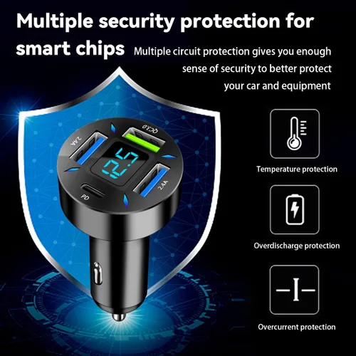 Vista 3 de Cargador de coche USB de 4 puertos, carga súper rápida USB QC 3.0 de 66 W, cargador adaptador USB con voltímetro LED para encendedor de cigarrillos