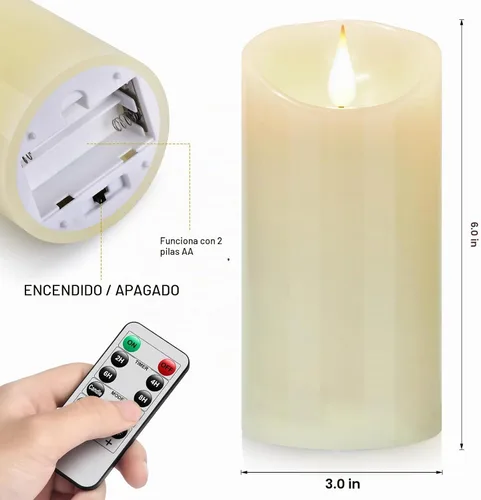 Vista 5 de Tappovaly - Velas sin llama parpadeantes operadas por batería, pack de 2, velas de cera real en forma de pilar, LED, con control remoto de 10 teclas