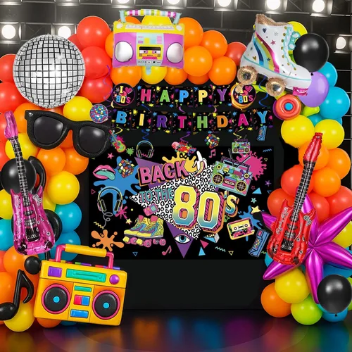 Vista 6 de Decoraciones de fiesta de los años 80, suministros para fiesta de cumpleaños de los 80, incluye telón de fondo, pancarta, espirales colgantes