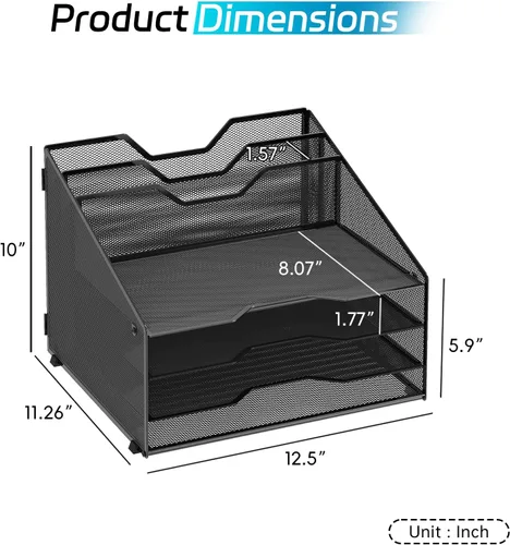 Vista 2 de Organizador de archivos de escritorio, organizador de papel con 4 bandejas de letras y 2 secciones verticales verticales, organizadores de Negro