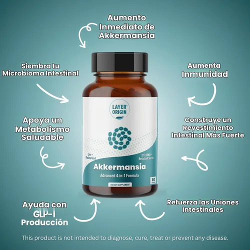 Vista 2 de Akkermansia muciniphila Probiótico, vivo + pasteurizado (2 en 1), con prebiótico PureHMO, cepa validada, 60 cápsulas