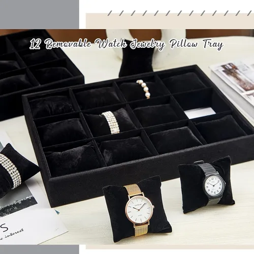 Vista 6 de Henoyso Bandeja de terciopelo para relojes, organizador de joyas, 12 cuadrículas, apilable, organizador de relojes, pulsera, soporte para exhibición