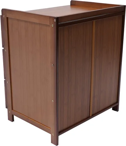 Vista 5 de Mesita de noche con cajón, mesa de noche moderna de mediados de siglo con cajón, mesa auxiliar de bambú para espacios pequeños, dormitorio, sala