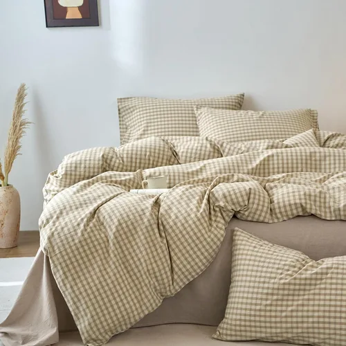 Vista 33 de VM VOUGEMARKET - Juego de funda de edredón a cuadros de tamaño individual XL, ropa de cama de color verde, gris y naranja, algodón lavado, con 2