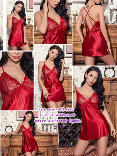 Vista 7 de Avidlove Lencería para mujer, cuello en V, camisón corto de satén con encaje para dormir