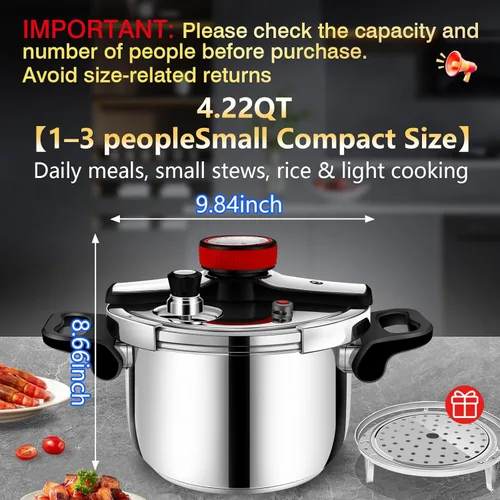 Vista 3 de Olla a Presión de Acero Inoxidable 304 4 QT (4.22 Quart) - Bloqueo de Seguridad a Prueba de Explosión, Operación con una Mano, Cocina Rápida