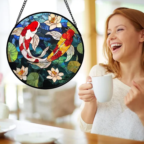 Vista 3 de Atrapasoles de Vidrio Manchado para Colgar en Ventanas, Koi y Loto para Puerta, Decoración del Hogar, Atrapasoles de Pescado, Regalos de Navidad
