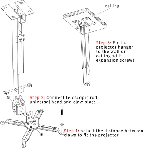 Vista 6 de Soporte de proyección de pared o techo con altura ajustable y brazo extensible para proyector del hogar y la oficina
