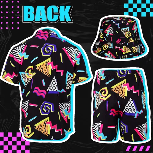 Vista 6 de Conjunto de 2 piezas de camisa y pantalones cortos retro de los años 80 y 90 con sombrero, trajes de playa hawaianos para hombres, fiesta