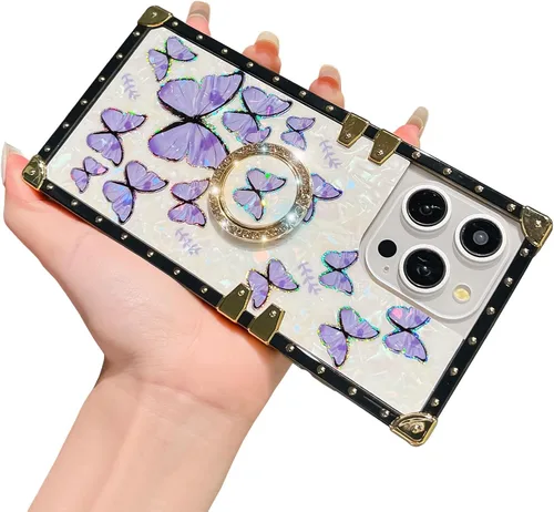 Vista 28 de Funda Rectangular de Lujo Femenina Compatible con iPhone 16 Pro Max Diseñada con Soporte de Anillo de Diamante con Función de Atril