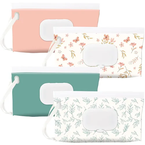 Vista 8 de FEBSNOW Paquete de 4 dispensadores de toallitas para bebé, soporte portátil recargable, contenedor de toallitas para bebés, dispensador