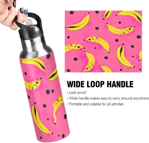 Vista 4 de Stainless Steel Water Bottle 20 Oz, Leakproof Water Bottles for Gym Outdoor Travel School, Yellow Bananas Black Dots