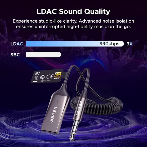 Vista 2 de UGREEN - Receptor de automóvil Bluetooth 6.0 AUX con LDAC, adaptador de audio Bluetooth de 0.1 in, micrófono integrado, enchufar y usar, llamadas