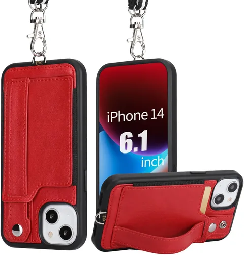 Vista 13 de TOOVREN Funda para teléfono compatible con iPhone 14 Plus, compatible con iPhone 14 Plus, funda con correa para tarjetero, cordón de cuero para Negro