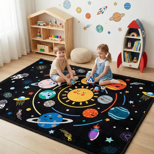 Vista 8 de Alfombra espacial para habitación de niños, alfombra de galaxia para niños, alfombras espaciales para dormitorio de niños, decoración