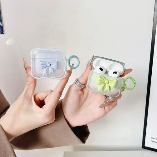 Vista 7 de Linda funda transparente para AirPods de 3ª generación, color verde, diseño de lazo femenino, TPU suave, a prueba de golpes, Kawaii Airpods