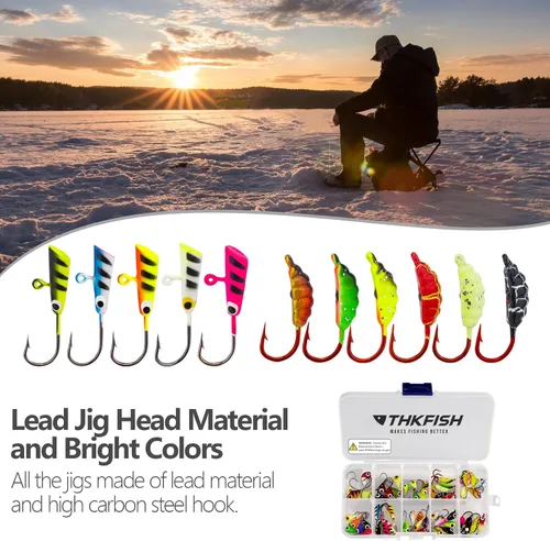 Vista 7 de THKFISH Plantillas de pesca en hielo, 54 piezas de señuelos de pesca en hielo brillante, equipo de pesca en hielo para pesca en hielo para Crappie