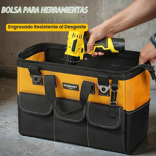 Vista 9 de WINHUNT Bolsa de herramientas premium, 14 bolsillos, 18 pulgadas, negro/amarillo, correa de hombro ajustable