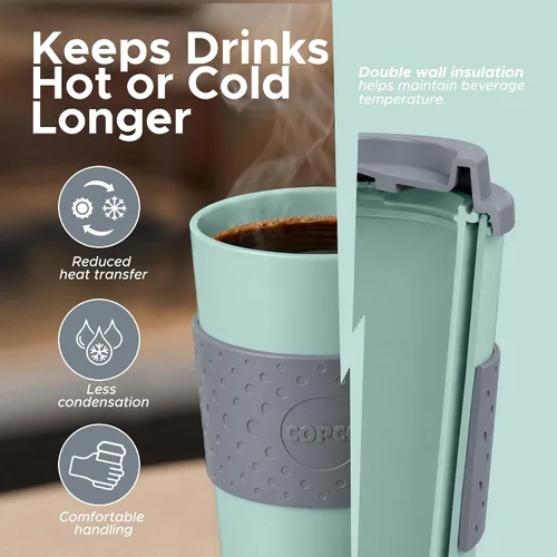 Vista 3 de Copco Acadia - Taza de viaje de 16 onzas con tapa, juego de 2 vasos aislados de doble pared, funda antideslizante y sin BPA, apta para microondas