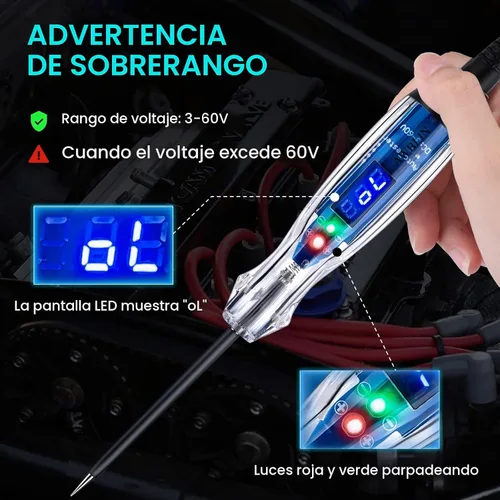 Vista 3 de AWBLIN Luz de Prueba Automotriz 3-60V DC Probador de Circuito LED Digital, Probador de Luz de Servicio Pesado con Voltímetro, Probador de Voltaje