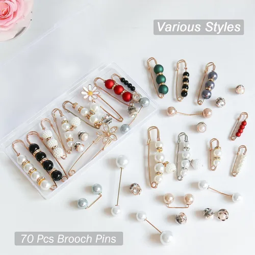Vista 6 de 70 piezas de broche de perlas, pines de cuello de chal para suéter y sombrero, broches dobles de perlas de imitación para mujer, botones